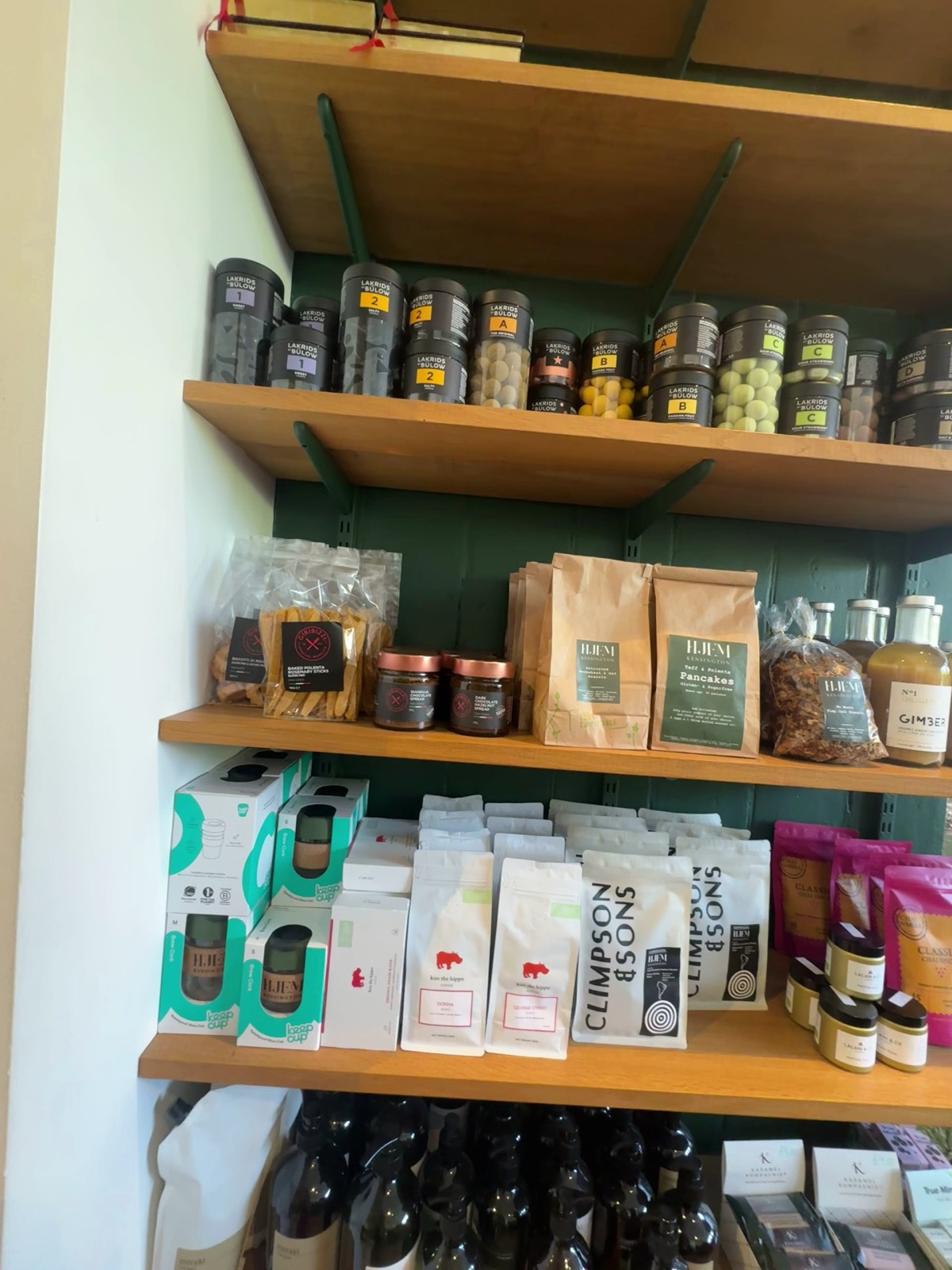 The HJEM pantry shelf — granola, pancake mix, liquorice and coffee beans